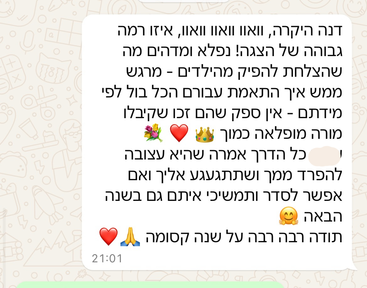 דנה היקרה, וואוו וואוו וואוו, איזו רמה גבוהה של הצגה! נפלא ומדהים מה שהצלחת להפיק מהילדים - מרגש ממש איך התאמת עבורם הכל בול לפי מידתם - אין ספק שהם זכו שקיבלו מורה מופלאה כמוך. הילדה כל הדרך אמרה שהיא עצובה להיפרד ממך ושתתגעגע אליך ואם אפשר לסדר ותמשיכי איתם גם בשנה הבאה. תודה רבה רבה על שנה קסומה.